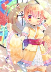 Rule 34 | 1girl, ;), arm behind head, arm up, bare shoulders, blurry, blurry background, blush, bow, breasts, brown hair, closed mouth, cowboy shot, depth of field, detached sleeves, facial mark, frilled kimono, frilled sleeves, frills, hair between eyes, hair bow, indie virtual youtuber, japanese clothes, kimono, kou hiyoyo, lenas sukeimu, long hair, long sleeves, looking at viewer, obi, one eye closed, ponytail, red eyes, sash, sleeveless, sleeveless kimono, small breasts, smile, solo, standing, thighhighs, very long hair, virtual youtuber, white thighhighs, wide sleeves, yellow bow, yellow kimono, yellow sleeves