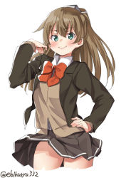 Rule 34 | 1girl, ascot, blazer, brown hair, brown skirt, cowboy shot, ebifurya, green eyes, hair ornament, hand on own hip, high ponytail, highres, jacket, kantai collection, kumano (kancolle), long hair, looking at viewer, one-hour drawing challenge, pleated skirt, ponytail, red ascot, remodel (kantai collection), school uniform, simple background, skirt, solo, twitter username, white background