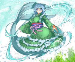 Rule 34 | 1girl, blue eyes, blue hair, blush, breasts, bubble, caustics, commentary request, curly hair, fish, floral print, frilled kimono, frills, huge breasts, japanese clothes, kimono, light reflection (water), long sleeves, looking at viewer, matching hair/eyes, mermaid, monster girl, obi, open hands, ribbon, sash, seaweed, signature, smile, solo, sparkle, touhou, umigarasu (kitsune1963), underwater, wakasagihime, water, wide sleeves