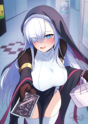 Rule 34 | 1girl, bag, black dress, black gloves, blue eyes, blush, breasts, cocoablue23, dress, gloves, grey hair, handbag, headpiece, highres, holding, indoors, large breasts, long hair, long sleeves, looking at viewer, mole, mole under eye, nun, open mouth, original, pamphlet, pelvic curtain, reaching, reaching towards viewer, smile, solo, sweat, thighhighs, white thighhighs