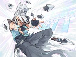 Rule 34 | 1girl, animification, belt, black gloves, character name, dagger, edpan, fingerless gloves, gloves, grey hair, grey pants, highres, incoming attack, jett (valorant), knife, pants, ponytail, solo, throwing, valorant, weapon