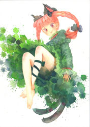 Rule 34 | 1girl, animal ears, barefoot, bow, braid, calligraphy brush (medium), cat ears, cat tail, dress, extra ears, feet, graphite (medium), green dress, hair bow, juliet sleeves, kaenbyou rin, leg ribbon, long hair, long sleeves, looking at viewer, misawa hiroshi, multiple tails, painting (medium), puffy sleeves, red eyes, red hair, ribbon, solo, tail, touhou, traditional media, twin braids, two tails, watercolor (medium)
