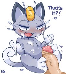 Rule 34 | !?, alternate color, animal ears, blush, cat, creatures (company), cum, cum on body, cum on upper body, english text, eyebrows, fangs, feet, footjob, furry, game freak, gen 1 pokemon, heart, lightsource, meowth, nintendo, penis, pokemon, pokemon (creature), simple background, tail, uncensored, whiskers, white background