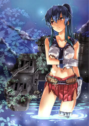 Rule 34 | 10s, 1girl, abo (hechouchou), arm at side, asymmetrical legwear, blue hair, breast hold, breasts, cannon, gloves, hair between eyes, kantai collection, looking to the side, mecha musume, midriff, night, night sky, partially submerged, pleated skirt, ponytail, red eyes, red skirt, school uniform, scrunchie, serafuku, serious, single thighhigh, skirt, sky, solo, star (sky), starry sky, thighhighs, torn clothes, underboob, uneven legwear, wading, white gloves, yahagi (kancolle)
