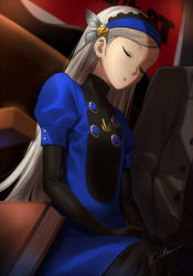 Rule 34 | 1girl, artist name, asymmetrical bangs, black gloves, blue dress, book, butterfly hair ornament, chinese commentary, closed eyes, dress, elbow gloves, flat chest, gloves, hair ornament, hairband, lavenza (persona 5), long hair, open mouth, persona, persona 5, puffy short sleeves, puffy sleeves, short sleeves, signature, silver hair, sitting, sleeping, solo focus, straight hair, swept bangs, turtleneck, werkbau