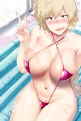 Rule 34 | 10s, 1girl, ^^^, air mattress, arm support, bakugou mitsuki, bare shoulders, blonde hair, blurry, blush, boku no hero academia, breasts, cleavage, collarbone, depth of field, embarrassed, facial hair, groin, hair between eyes, halterneck, hews, highres, jewelry, large breasts, looking at viewer, lotion, lube, mature female, motion lines, navel, nuru massage, oil, one-piece swimsuit, open mouth, pink one-piece swimsuit, pubic stubble, red eyes, ring, short hair, sitting, skindentation, slingshot swimsuit, smile, soapland, solo, spiked hair, strap gap, stubble, sweat, swimsuit, tile floor, tiles, trembling, v, wedding band