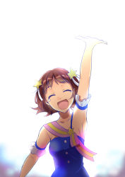 Rule 34 | 1girl, ^ ^, amami haruka, arm garter, arm up, armpits, bare shoulders, brown hair, closed eyes, hair ornament, hair ribbon, happy, happy tears, highres, idolmaster, idolmaster (classic), open mouth, outstretched hand, pochi (pochi-goya), ribbon, short hair, simple background, sleeveless, smile, solo, star (symbol), tears, upper body