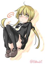 Rule 34 | ..., 10s, 1girl, arms behind back, bad id, bad twitter id, black serafuku, black thighhighs, blonde hair, blush, breasts, brown footwear, crescent, ebifurya, eyebrows, full body, hands on own ass, highres, inactive account, kantai collection, knees up, long hair, long sleeves, looking at viewer, necktie, nose blush, satsuki (kancolle), school uniform, serafuku, shoes, simple background, skirt, skirt tug, small breasts, solo, speech bubble, spoken ellipsis, thighhighs, twintails, twitter username, white background, white necktie, yellow eyes