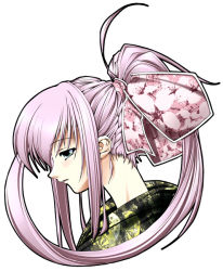 Rule 34 | artist request, cherry blossoms, hair ribbon, japanese clothes, kimono, long hair, neck, pink hair, ponytail, profile, ribbon, solo