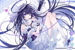 Rule 34 | 1girl, black hair, breasts, character name, collarbone, commentary request, dress, finger to own chin, frilled dress, frills, full body, girls&#039; frontline, girls&#039; frontline neural cloud, halo, headset, high heels, highres, jewelry, long hair, mechanical halo, medium breasts, microphone, nail polish, nanaka (neural cloud), one eye closed, purple eyes, rabb horn, ring, sandals, smile, solo, toenail polish, toenails, very long hair, white dress