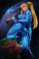 Rule 34 | 1girl, aqua eyes, ass, back, blue bodysuit, blurry, blurry background, bodysuit, breasts, commentary, english commentary, foot out of frame, from behind, from below, gun, hand on own thigh, high heels, high ponytail, holding, holding gun, holding weapon, huge ass, long hair, looking at viewer, looking back, medium breasts, metroid, metroid (creature), mole, mole under mouth, nintendo, on one knee, open mouth, paralyzer, patreon username, planet, ponytail, revision, rim jims, samus aran, skin tight, solo, space, standing, standing on one leg, weapon, zero suit