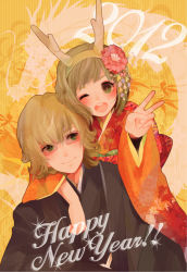 Rule 34 | 10s, 1boy, 1girl, 2012, antlers, bad id, bad pixiv id, barnaby brooks jr., blonde hair, carrying, flower, glasses, green eyes, hair ornament, horns, huang baoling, japanese clothes, kimono, new year, one eye closed, piggyback, poco24, short hair, tiger &amp; bunny, v, wink