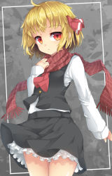 Rule 34 | 1girl, ascot, black skirt, black vest, blonde hair, commentary request, cowboy shot, grey background, highres, long sleeves, looking at viewer, petticoat, red ascot, red eyes, red scarf, rumia, scarf, short hair, skirt, skirt set, solo, touhou, uumaru, vest