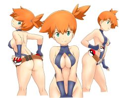Rule 34 | 1girl, adapted costume, armpits, ass, asymmetrical hair, back, bare legs, belt, blush, breasts, cowboy shot, creatures (company), game freak, gen 1 pokemon, gloves, green eyes, gym leader, legs, medium breasts, misty (pokemon), navel, nintendo, nipples, one-piece swimsuit, orange hair, poke ball, poke ball (generic), pokemon, pokemon: the electric tale of pikachu, ponytail, shiny skin, short hair, side ponytail, sideboob, simple background, smile, swimsuit, thick thighs, thighs, tof, white background