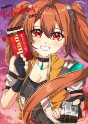 Rule 34 | 1girl, brown hair, candy, chocolate, chocolate bar, cropped jacket, eiyuu densetsu, estelle bright, fingerless gloves, food, gloves, hajimari no kiseki, highres, holding, holding food, jewelry, long hair, looking at viewer, necklace, open mouth, portrait, red eyes, sen no kiseki, sen no kiseki iv, smile, solo, sora no kiseki, twintails, zer00han