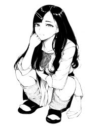 Rule 34 | 1girl, bad id, bad twitter id, clothes around waist, earrings, flat (joppin karu!), greyscale, hair ornament, hairclip, head rest, highres, jewelry, long hair, looking at viewer, loose socks, monochrome, neckerchief, original, school uniform, simple background, slav squatting, sleeves rolled up, slippers, socks, solo, squatting, white background