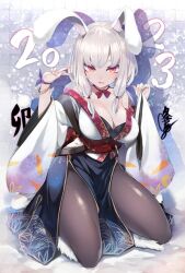 Rule 34 | 1girl, 2023, animal ears, black pantyhose, black skirt, breasts, carrot print, chinese zodiac, cleavage, collar, detached collar, food print, full body, grey hair, highres, japanese clothes, kimono, large breasts, looking at viewer, open mouth, original, pantyhose, rabbit ears, red collar, red eyes, seiza, sidelocks, sitting, skirt, solo, tousen, v, white kimono, year of the rabbit