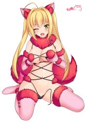Rule 34 | 1girl, ;d, animal ears, blush, breast hold, breasts, cleavage, colored eyelashes, cosplay, dated, detached collar, earrings, elbow gloves, fate/grand order, fate (series), full body, fur-trimmed gloves, fur-trimmed legwear, fur collar, fur trim, gloves, groin, hair intakes, jewelry, large breasts, long hair, looking at viewer, mash kyrielight, mash kyrielight (dangerous beast), mash kyrielight (dangerous beast) (cosplay), navel, nero claudius (fate), nero claudius (fate) (all), nero claudius (fate/extra), no shoes, official alternate costume, one eye closed, open mouth, pink gloves, pink thighhighs, ppshex, revealing clothes, shielder (fate/grand order), shielder (fate/grand order) (cosplay), shiny skin, signature, simple background, sitting, smile, solo, stomach, tail, thighhighs, untied, very long hair, wariza, white background, wolf ears, wolf tail