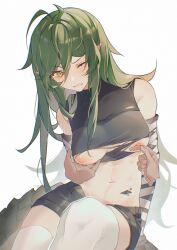 1girl absurdres angry arknights arm_support arms_behind_back bare_shoulders black_pants black_shirt black_sleeves blush breasts clenched_teeth crocodilian_tail gavial_(arknights) grabbing_another&#039;s_breast green_hair green_tail groping hair_between_eyes highres long_bangs long_hair long_sidelocks long_sleeves looking_at_viewer medium_breasts midriff moozsilent muscular navel nipples one_eye_closed pants pointy_ears shirt shorts sidelocks simple_background sitting swept_bangs tail teeth thighhighs torn_clothes torn_shirt very_long_hair white_background white_thighhighs