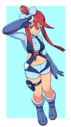 Rule 34 | 1girl, bad id, bad twitter id, blue eyes, blue footwear, blue gloves, blue jacket, blue shorts, boots, closed mouth, commentary request, creatures (company), cropped jacket, dede (qwea 00000), eyelashes, full body, game freak, gloves, gym leader, hair ornament, hand up, highres, jacket, korean commentary, midriff, nintendo, one side up, pokemon, pokemon bw, pouch, red hair, salute, short hair with long locks, short shorts, shorts, sidelocks, skyla (pokemon), smile, solo, thigh pouch, turtleneck