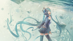 Rule 34 | 1girl, :d, absurdly long hair, azomo, bare shoulders, black skirt, black thighhighs, blue eyes, blue hair, breasts, commentary, cowboy shot, cube, detached sleeves, english commentary, from behind, grey shirt, hatsune miku, highres, long hair, long sleeves, looking at viewer, looking back, medium breasts, open mouth, pleated skirt, shirt, skirt, sleeveless, sleeveless shirt, smile, solo, standing, thighhighs, underwater, very long hair, vocaloid, zettai ryouiki