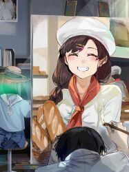Rule 34 | 1boy, 1girl, baguette, beret, black hair, blue shirt, blue skirt, blush, bread, brown hair, closed eyes, commentary request, exhausted, food, funi mu9, ghost, grin, hair ornament, hairclip, hat, highres, holding, holding paintbrush, invisible, long hair, low-braided long hair, low-tied long hair, mole, mole under eye, neck ribbon, original, paintbrush, painting (action), painting (object), red scarf, ribbon, scarf, shirt, skirt, smile, sun hat, white headwear, white shirt