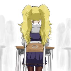 Rule 34 | 1girl, black pantyhose, blonde hair, blue dress, chair, commentary request, desk, dress, emily stewart, extra, from behind, grey shirt, highres, idolmaster, idolmaster million live!, long hair, long sleeves, matcha kingyo, on chair, pantyhose, pleated skirt, school chair, school desk, shirt, sitting, skirt, twintails, white background