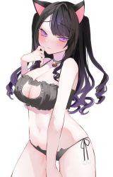 Rule 34 | 1girl, absurdres, animal ears, bad id, bad twitter id, bell, black choker, black hair, blush, breasts, cat cutout, cat ears, cat girl, choker, cleavage, clothing cutout, commission, highres, hinamori (18ar0), indie virtual youtuber, large breasts, looking down, midriff, navel, neck bell, open mouth, purple eyes, second-party source, shimotsuki miri, skeb commission, solo, two side up, virtual youtuber