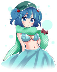 Rule 34 | 1girl, adapted costume, bikini, bikini top only, blue eyes, blue hair, blush, breasts, cleavage, gloves, hair bobbles, hair ornament, ica, kawashiro nitori, key, matching hair/eyes, medium breasts, navel, pocket, scarf, skirt, solo, swimsuit, touhou, twintails, two side up