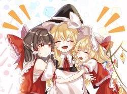 Rule 34 | 3girls, apron, arms up, back bow, bandages, bare shoulders, black dress, black headwear, blonde hair, blush, bow, bowtie, braid, brown hair, circle, closed eyes, closed mouth, collared shirt, commentary request, crystal, detached sleeves, dress, fang, fingernails, flandre scarlet, hair between eyes, hair bow, hair ornament, hair tubes, hakurei reimu, hands up, hat, hat bow, hat ribbon, highres, hug, jewelry, kirisame marisa, long hair, long sleeves, looking at another, mob cap, multicolored wings, multiple girls, one side up, open mouth, puffy short sleeves, puffy sleeves, red bow, red bowtie, red eyes, red ribbon, red skirt, red vest, diamond (shape), ribbon, sarashi, shirt, short hair, short sleeves, single braid, skirt, skirt set, smile, square, standing, teeth, tongue, touhou, triangle, v-shaped eyebrows, vest, white apron, white background, white bow, white headwear, white shirt, wide sleeves, wings, witch hat, yomogi 9392