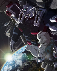 Rule 34 | 4others, ambiguous gender, astronaut, cable, earth (planet), full armor gundam, gundam, gundam thunderbolt, helmet, highres, in orbit, j s123, lens flare, mecha, mobile suit, multiple others, open hand, planet, robot, science fiction, space, space helmet, spacesuit, sun, sunlight, v-fin, yellow eyes, zero gravity