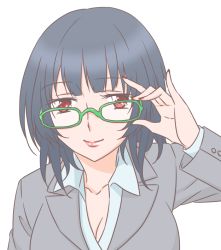 Rule 34 | 10s, 1girl, bad id, bad pixiv id, bespectacled, black hair, breasts, cleavage, dress shirt, glasses, green-framed eyewear, kantai collection, looking at viewer, medium breasts, red eyes, shirt, short hair, smile, solo, takao (kancolle), udon (shiratama), upper body
