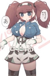 Rule 34 | 1girl, atlanta (kancolle), text background, blue shirt, breast pocket, breasts, brown hair, bursting breasts, cleavage, collared shirt, commentary request, cosplay, cowboy shot, gambier bay (kancolle), gambier bay (kancolle) (cosplay), gloves, grey eyes, hairband, highres, kantai collection, large breasts, long hair, multicolored clothes, multicolored shorts, pocket, popped button, shirt, shorts, simoyuki, simple background, solo, standing, thighhighs, translated, twintails, two side up, white background, white gloves