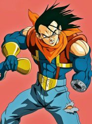 Rule 34 | 1boy, abs, android, bare shoulders, black hair, blue eyes, cleavage cutout, clothing cutout, denim, dragon ball, dragon ball gt, evil grin, evil smile, fighting stance, fusion, gloves, grin, hand grab, highres, jeans, long hair, looking at viewer, male focus, mechanical arms, muscular, muscular arms, muscular back, muscular legs, muscular male, ornament, pants, pectorals, smile, smirk, smug, super 17, super android 17, suspenders