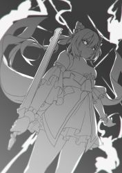 Rule 34 | 1girl, absurdres, afterimage, bow, closed mouth, cone hair bun, frills, genshin impact, greyscale, hair between eyes, hair bun, highres, holding, holding sword, holding weapon, keqing (genshin impact), long hair, mazu (mazumaro), monochrome, reverse grip, solo, sword, twintails, weapon