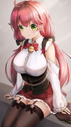 Rule 34 | 1girl, ahoge, bare shoulders, bell, black bow, blush, bow, breasts, brown thighhighs, cat hair ornament, closed mouth, collared shirt, commentary request, dress shirt, frilled skirt, frills, garter straps, green eyes, hair between eyes, hair bow, hair flaps, hair ornament, hairclip, highres, hololive, jingle bell, long hair, long sleeves, looking at viewer, mctom, medium breasts, plaid, plaid skirt, pleated skirt, puffy long sleeves, puffy sleeves, red bow, red hair, red skirt, sakura miko, sakura miko (casual), shirt, sitting, skirt, sleeves past wrists, smile, solo, thighhighs, very long hair, virtual youtuber, white shirt