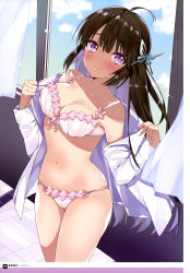 Rule 34 | 1girl, absurdres, ahoge, anapom, artist name, blue sky, blunt bangs, blush, bow, bow panties, bra, breasts, brown hair, butterfly hair ornament, classroom, cleavage, closed mouth, cloud, cloudy sky, collarbone, cowboy shot, curtains, dengeki moeou, dutch angle, eyelashes, floating hair, frilled bra, frilled panties, frills, gluteal fold, hair ornament, hands up, highres, hime cut, indoors, light particles, long hair, long sleeves, looking at viewer, medium breasts, navel, open clothes, open shirt, original, page number, panties, pink bra, pink panties, purple eyes, removing shirt, shiny skin, shirt, skindentation, sky, smile, solo, standing, stomach, thigh gap, underwear, undressing, very long hair, white shirt, window