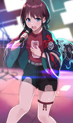 1girl belt belt_buckle black_shorts blue_eyes blue_hair blue_happi blue_nails blurry blurry_background blush bracelet buckle commentary_request earrings fuyutuji girls_band_cry gradient_hair highres holding holding_microphone iseri_nina jewelry kuuhaku_to_catharsis leg_ribbon lens_flare long_sleeves low_twintails microphone microphone_stand multicolored_hair multicolored_nails nail_polish open_happi open_mouth red_nails red_ribbon red_shirt ribbon shirt short_hair short_twintails shorts solo teeth thigh_ribbon twintails upper_teeth_only white_belt