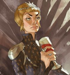 Rule 34 | a song of ice and fire, absurdres, armor, blonde hair, brown eyes, cersei lannister, crown, cup, drinking glass, game of thrones, highres, iron throne, jewelry, mole, mole above mouth, ramon nunez, ring, short hair, shoulder armor, solo, wine glass