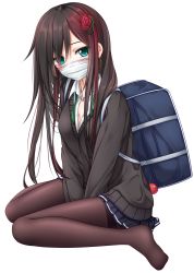 Rule 34 | 1girl, aqua eyes, bag, bag charm, black pantyhose, breasts, brown hair, cardigan, charm (object), cleavage, colored eyelashes, covered mouth, duffel bag, flower, from side, full body, gradient hair, green necktie, hair flower, hair ornament, hair over one eye, highres, jewelry, knees together feet apart, long hair, long sleeves, looking at viewer, mask, medium breasts, miniskirt, mouth mask, multicolored hair, necklace, necktie, original, pantyhose, pleated skirt, red hair, rose, school uniform, simple background, sitting, skirt, solo, surgical mask, tsurime, wariza, white background, wing collar, yoye (pastel white)
