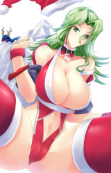 Rule 34 | 1girl, breasts, christmas, cleavage, curvy, green eyes, green hair, haganef, hat, highres, huge breasts, lamia loveless, matching hair/eyes, solo, spread legs, super robot wars, white background