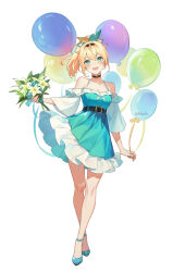 Rule 34 | 1991 (blz), 1girl, :d, aqua flower, aqua rose, balloon, belt, belt buckle, black belt, blonde hair, blue dress, blue eyes, blue flower, blue footwear, blue rose, blush, bouquet, buckle, commentary request, crossed legs, dress, flower, frilled dress, frills, hair between eyes, head tilt, high ponytail, highres, holding, holding bouquet, hololive, kazama iroha, long sleeves, looking at viewer, off-shoulder dress, off shoulder, open mouth, pleated dress, ponytail, rose, shoes, simple background, smile, solo, twitter username, virtual youtuber, watson cross, white background, white flower, wide sleeves