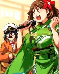Rule 34 | 10s, 1girl, admiral (kancolle), alternate costume, amagi (kancolle), black hair, breasts, brown hair, disguise, closed eyes, groucho glasses, furisode, glasses, guitar, hair between eyes, indoors, instrument, japanese clothes, kantai collection, katsuragi (kancolle), kimono, kobamiso (kobalt), large breasts, long hair, microphone, mole, mole under eye, music, obi, open mouth, ponytail, sash, singing, wide sleeves