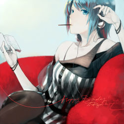 Rule 34 | 1girl, alternate hair length, alternate hairstyle, aqua eyes, aqua hair, book, bracelet, casual, detached sleeves, dress, english text, grey nails, hatsune miku, headphones, jewelry, lowres, mouth hold, multicolored hair, nail polish, pantyhose, pc production, red hair, rei (sanbonzakura), short hair, sitting, solo, text focus, translated, two-tone hair, vocaloid