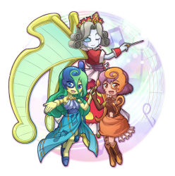 Rule 34 | 3girls, aria the melodious diva, bad id, bad pixiv id, blue eyes, boko bukage, duel monster, fantasia maiden aria, fantasia maiden sonata, fantasia prima prodigy mozart, green hair, long hair, mozarta the melodious maestra, multiple girls, musical note, one eye closed, orange eyes, purple hair, sonata the melodious diva, wink, yu-gi-oh!