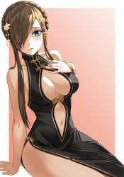 Rule 34 | 1girl, alternate costume, bare arms, bare shoulders, black dress, blue eyes, border, braid, breasts, brown hair, cleavage, cleavage cutout, clothing cutout, commentary request, crown braid, dress, flower, hair flower, hair ornament, hair over one eye, hand on own chest, high collar, large breasts, light blush, long hair, looking at viewer, midriff, navel, outside border, parted lips, rourou ill, side slit, sidelocks, sitting, sleeveless, sleeveless dress, solo, stomach cutout, swept bangs, tales of (series), tales of the abyss, tear grants, thighs, white border