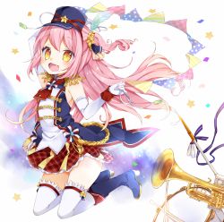 Rule 34 | 1girl, :d, band uniform, conductor baton, blue footwear, blue hat, boots, confetti, drum, drumsticks, elbow gloves, epaulettes, fang, feather hair ornament, feathers, gloves, hair ornament, half updo, hat, highres, instrument, jumping, long hair, looking at viewer, miniskirt, open mouth, original, over-kneehighs, pink hair, plaid, plaid skirt, skirt, smile, solo, star (symbol), streamers, thigh strap, thighhighs, toma tokage, trumpet, vest, white background, white thighhighs, wrist cuffs, yellow eyes