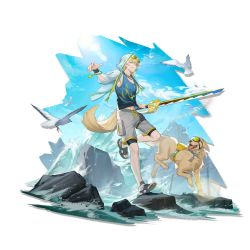Rule 34 | 1boy, :q, ahoge, animal ears, arknights, bird, blonde hair, blue eyes, blue sky, blue tank top, cloud, day, dog, dog ears, dog tail, elite ii (arknights), eyewear on head, full body, hair between eyes, highres, holding, holding sword, holding weapon, hood, hooded jacket, jacket, jewelry, kang yiqian (self cultivation), long sleeves, looking at viewer, male focus, necklace, official art, open clothes, open jacket, outdoors, rock, sandals, short hair, shorts, sky, smile, sunglasses, sword, tail, tank top, tequila (arknights), tongue, tongue out, transparent background, weapon, white jacket, white shorts