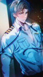 Rule 34 | 1boy, artem wing (tears of themis), artist name, blue eyes, brown hair, closed mouth, collared jacket, highres, jacket, police, police uniform, ruriswhite, shirt, short hair, short sleeves, solo, tears of themis, uniform, upper body, watermark, white jacket, white shirt