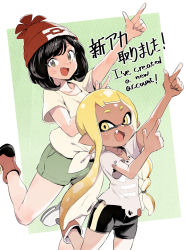 Rule 34 | 2girls, beanie, bike shorts, black hair, boots, braid, commentary, company connection, creatures (company), crossover, english text, fang, fangs, game freak, green shorts, hat, inkling, inkling girl, inkling player character, looking at viewer, multiple girls, nintendo, open mouth, pointing, pokemon, pokemon sm, red headwear, selene (pokemon), shirt, shorts, single braid, smile, splatoon (series), splatoon 3, tentacle hair, ter (otokoter), tied shirt, torn clothes, torn shirt